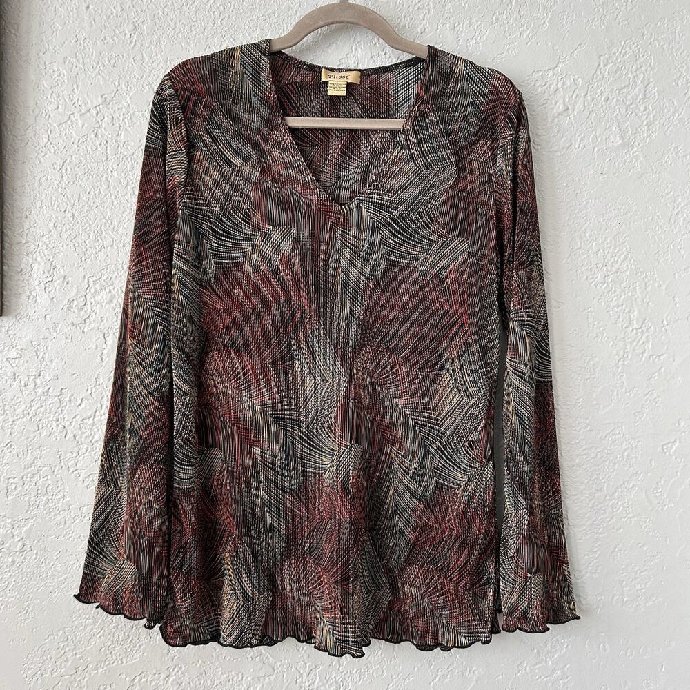 Plisse Y2K Pleated Top Large Abstract Stretch Artsy Grunge Dark Earth Fairy